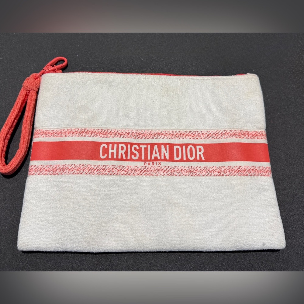 Christian Dior Off White and Coral Terry Cloth Makeup Zipper Pouch